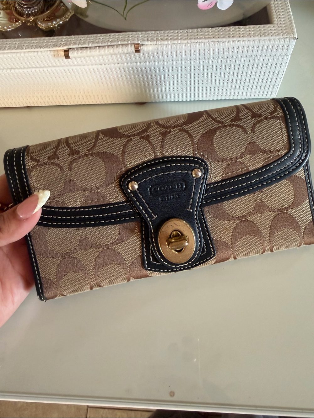 Coach Brown Signature Canvas Turnlock Wallet with Black Trim